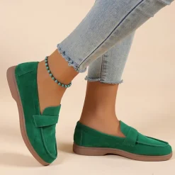 Women's Green Suede Loafers – Comfortable Slip-On Flat Shoes for Casual Wear, Walking & Daily Outfits