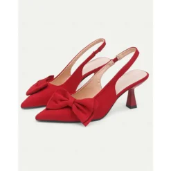Women's Green Suede Slingback Heels – Pointed Toe Kitten Heels with Bow Detail, Elegant Pumps for Parties & Office Wear