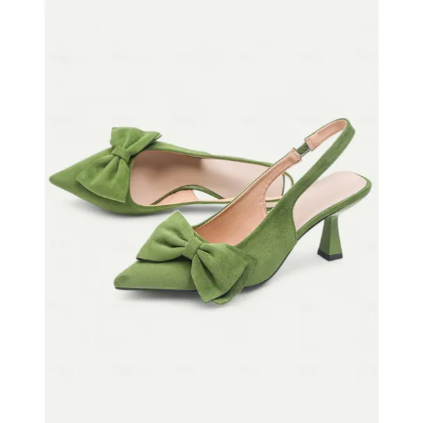 Women's Green Suede Slingback Heels – Pointed Toe Kitten Heels with Bow Detail, Elegant Pumps for Parties & Office Wear