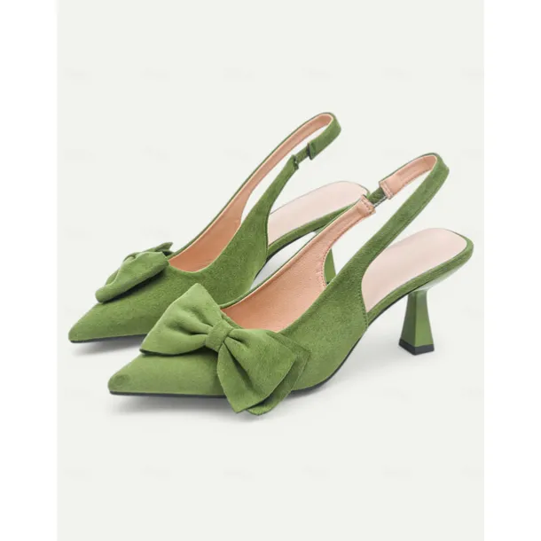 Women's Green Suede Slingback Heels – Pointed Toe Kitten Heels with Bow Detail, Elegant Pumps for Parties & Office Wear