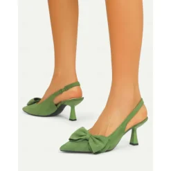 Women's Green Suede Slingback Heels – Pointed Toe Kitten Heels with Bow Detail, Elegant Pumps for Parties & Office Wear