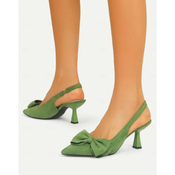 Women's Green Suede Slingback Heels – Pointed Toe Kitten Heels with Bow Detail, Elegant Pumps for Parties & Office Wear