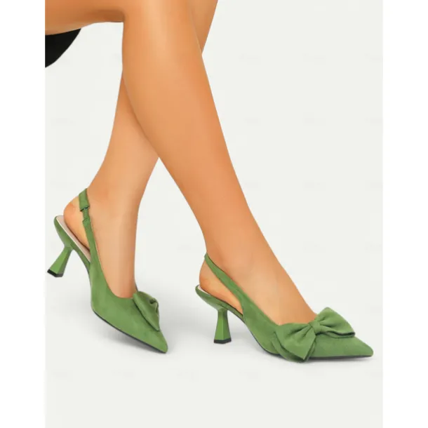 Women's Green Suede Slingback Heels – Pointed Toe Kitten Heels with Bow Detail, Elegant Pumps for Parties & Office Wear