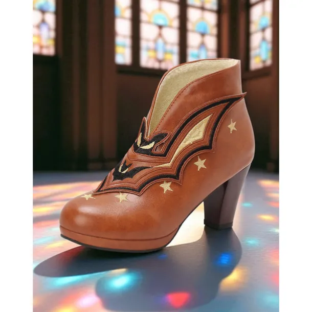 Women's Halloween Bat Embroidered Ankle Boots – Black Faux Leather with Star Details, Closed Toe and Mid Heels, Retro Gothic Style for Costume Parties, Haunted Events and Fall Fashion Looks