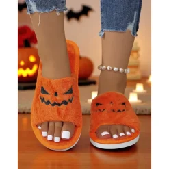 Women's Halloween Fuzzy Slippers - Black Plush Slide Sandals with Pumpkin Face Design for Cozy Fall Nights,Parties & Indoor Wear