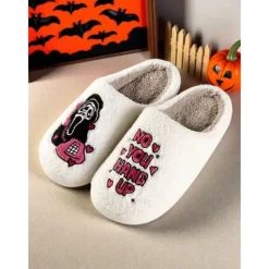 Women's Halloween Ghost Face Fuzzy Slippers - Cozy Embroidered Horror House Shoes with 