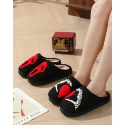 Women's Halloween Horror Face Plush Slippers – Cozy Furry Indoor Shoes with Spooky Ghost Design for Winter Comfort
