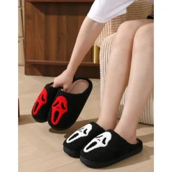 Women's Halloween Horror Face Plush Slippers – Cozy Furry Indoor Shoes with Spooky Ghost Design for Winter Comfort