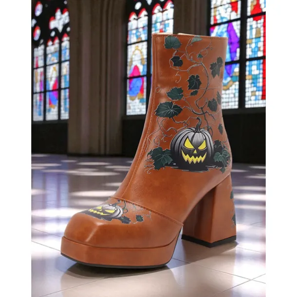 Women's Halloween Platform Ankle Boots – Black Faux Leather with Jack-O'-Lantern Print, Block Heels, and Side Zipper, Spooky Gothic Style for Costume Parties, Themed Events and Trick-or-Treating