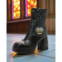 Women's Halloween Platform Ankle Boots – Black Faux Leather with Jack-O'-Lantern Print, Block Heels, and Side Zipper, Spooky Gothic Style for Costume Parties, Themed Events and Trick-or-Treating