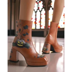 Women's Halloween Platform Ankle Boots – Black Faux Leather with Jack-O'-Lantern Print, Block Heels, and Side Zipper, Spooky Gothic Style for Costume Parties, Themed Events and Trick-or-Treating