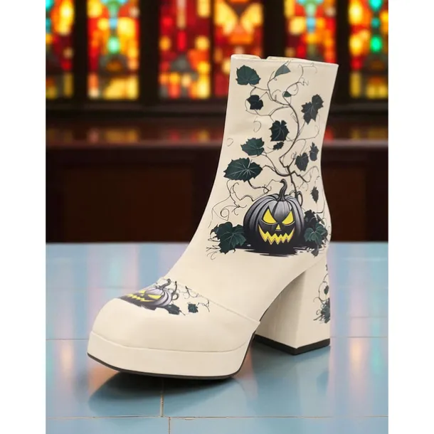 Women's Halloween Platform Ankle Boots – Black Faux Leather with Jack-O'-Lantern Print, Block Heels, and Side Zipper, Spooky Gothic Style for Costume Parties, Themed Events and Trick-or-Treating