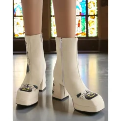 Women's Halloween Platform Ankle Boots – Black Faux Leather with Jack-O'-Lantern Print, Block Heels, and Side Zipper, Spooky Gothic Style for Costume Parties, Themed Events and Trick-or-Treating