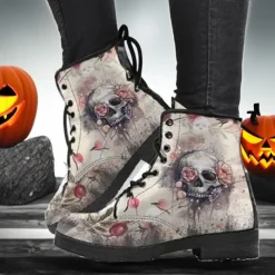 Women's Halloween Skull Print Combat Boots - Gothic Style Lace-Up Ankle Boots for Spooky Season