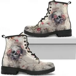 Women's Halloween Skull Print Combat Boots - Gothic Style Lace-Up Ankle Boots for Spooky Season
