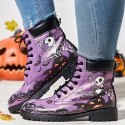 Women's Halloween Skull Print Combat Boots - Gothic Style Lace-Up Ankle Boots for Spooky Season
