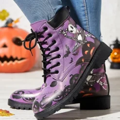Women's Halloween Skull Print Combat Boots - Gothic Style Lace-Up Ankle Boots for Spooky Season