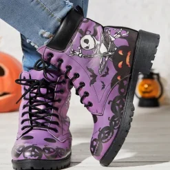 Women's Halloween Skull Print Combat Boots - Gothic Style Lace-Up Ankle Boots for Spooky Season