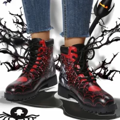 Women's Halloween Skull Print Combat Boots - Gothic Style Lace-Up Ankle Boots for Spooky Season