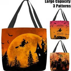 Women's Halloween-Themed Tote Bag with Witch and Full Moon Design - Perfect for Halloween and Everyday Use