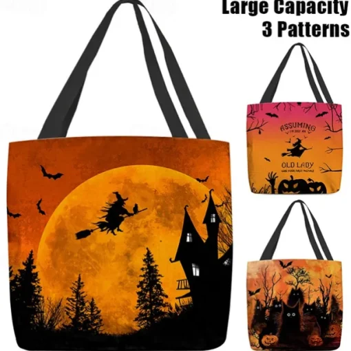 Women's Halloween-Themed Tote Bag with Witch and Full Moon Design - Perfect for Halloween and Everyday Use