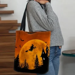 Women's Halloween-Themed Tote Bag with Witch and Full Moon Design - Perfect for Halloween and Everyday Use