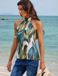 Women's Halter Crisscross Tank Leaf Leaves Boho Beach Sleeveless Halter Neck Casual Going out Beach Backless Bow Grass Green Spring & Summer