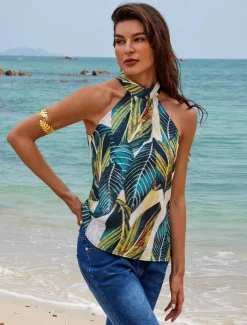 Women's Halter Crisscross Tank Leaf Leaves Boho Beach Sleeveless Halter Neck Casual Going out Beach Backless Bow Grass Green Spring & Summer