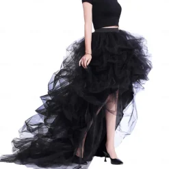 Women's High Waist High Low Layered Tulle Floor Length Spectial Occasion Skirt Retro Vintage Punk Gothic Halloween Party Wedding Carnival