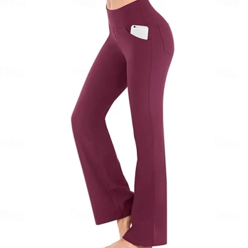 Women's High Waist Yoga Pants Side Pockets Bootcut Leggings Tummy Control 4 Way Stretch Quick Dry Dark Grey Wine Fitness Gym Workout Dance Summer Sports Activewear High Elasticity