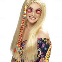 Women's Hippy Party Wig Long Straight Blonde Synthetic Wigs