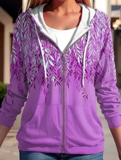 Women's Hooded Sweatshirt Jacket Long Sleeve Zip Up Hoodie With Pocket Lightweight Casual Micro-elastic Oversized Floral Active Vintage Sports Drawstring Front Pocket Blue Fuchsia Green Spring Fall