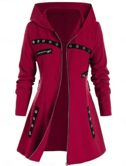 Women's Hoodie Jacket Comfortable Breathable Zipper Pocket Casual Plain Vacation Street Daily Wear Going out Zipper Regular Hooded Regular Fit Long Sleeve Outerwear Black Red Spring Fall