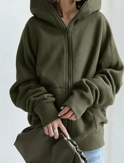 Women's Hoodie Jacket Outdoor Street Daily Wear Fall Winter Regular Coat Regular Fit Thermal Warm Breathable Stylish Casual Jacket Long Sleeve Plain with Pockets Full Zip Black Red Green