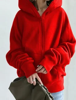 Women's Hoodie Jacket Outdoor Street Daily Wear Fall Winter Regular Coat Regular Fit Thermal Warm Breathable Stylish Casual Jacket Long Sleeve Plain with Pockets Full Zip Black Red Green