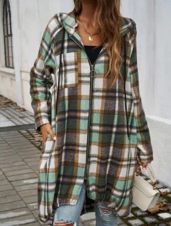 Women's Hoodie Jacket Outdoor Street Daily Wear Fall Winter Long Coat Regular Fit Thermal Warm Breathable Stylish Casual Jacket Long Sleeve Stripes and Plaid with Pockets Full Zip Red Brown Green