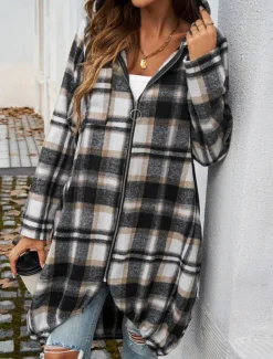 Women's Hoodie Jacket Outdoor Street Daily Wear Fall Winter Long Coat Regular Fit Thermal Warm Breathable Stylish Casual Jacket Long Sleeve Stripes and Plaid with Pockets Full Zip Red Brown Green