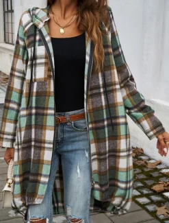 Women's Hoodie Jacket Outdoor Street Daily Wear Fall Winter Long Coat Regular Fit Thermal Warm Breathable Stylish Casual Jacket Long Sleeve Stripes and Plaid with Pockets Full Zip Red Brown Green