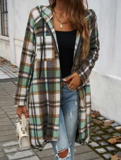 Women's Hoodie Jacket Outdoor Street Daily Wear Fall Winter Long Coat Regular Fit Thermal Warm Breathable Stylish Casual Jacket Long Sleeve Stripes and Plaid with Pockets Full Zip Red Brown Green