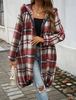 Women's Hoodie Jacket Outdoor Street Daily Wear Fall Winter Long Coat Regular Fit Thermal Warm Breathable Stylish Casual Jacket Long Sleeve Stripes and Plaid with Pockets Full Zip Red Brown Green