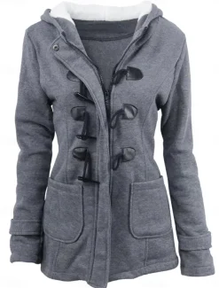 Women's Hoodie Jacket Warm Breathable Pocket Casual Street Style Solid Color Vacation Street Daily Wear Going out Single Breasted Hoodie Regular Fit Long Sleeve Outerwear Black Light Grey Dark Grey