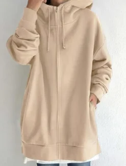 Women's Hoodie Jacket Warm Breathable Zipper Pocket Casual Plain Vacation Street Daily Wear Going out Zipper Long Hoodie Regular Fit Long Sleeve Outerwear Black Red Khaki Fall Winter