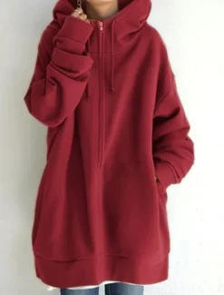 Women's Hoodie Jacket Warm Breathable Zipper Pocket Casual Plain Vacation Street Daily Wear Going out Zipper Long Hoodie Regular Fit Long Sleeve Outerwear Black Red Khaki Fall Winter