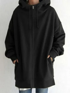 Women's Hoodie Jacket Warm Breathable Zipper Pocket Casual Plain Vacation Street Daily Wear Going out Zipper Long Hoodie Regular Fit Long Sleeve Outerwear Black Red Khaki Fall Winter