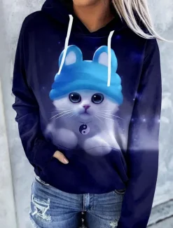 Women's Hoodie Pullover Cat Graphic Tie Dye Front Pocket Print Daily Other Prints Basic Casual Hoodies Sweatshirts Blue Black Brown Comfrt Breathable Soft Fabric