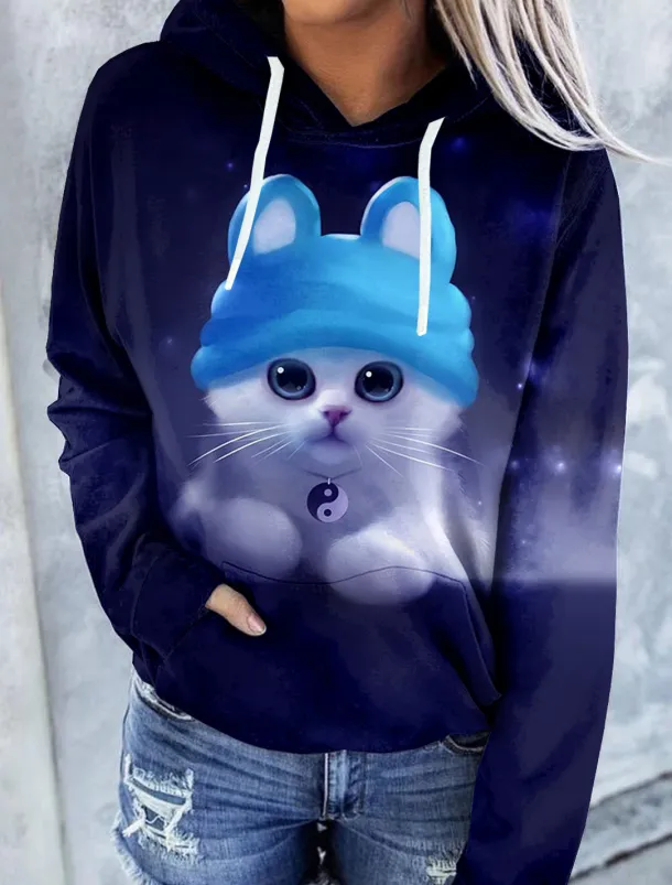 Women's Hoodie Pullover Cat Graphic Tie Dye Front Pocket Print Daily Other Prints Basic Casual Hoodies Sweatshirts Blue Black Brown Comfrt Breathable Soft Fabric