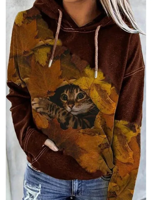 Women's Hoodie Pullover Cat Graphic Tie Dye Front Pocket Print Daily Other Prints Basic Casual Hoodies Sweatshirts Blue Black Brown Comfrt Breathable Soft Fabric