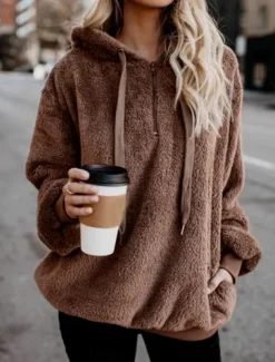 Women's Hoodie Sweatshirt Casual Sherpa Plain Street Dailywear Hoodie Zipper Pocket Long Sleeve Wine Brown Green Fall Winter