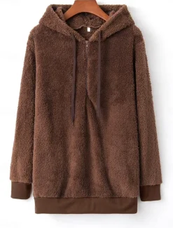 Women's Hoodie Sweatshirt Casual Sherpa Plain Street Dailywear Hoodie Zipper Pocket Long Sleeve Wine Brown Green Fall Winter