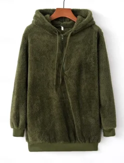 Women's Hoodie Sweatshirt Casual Sherpa Plain Street Dailywear Hoodie Zipper Pocket Long Sleeve Wine Brown Green Fall Winter